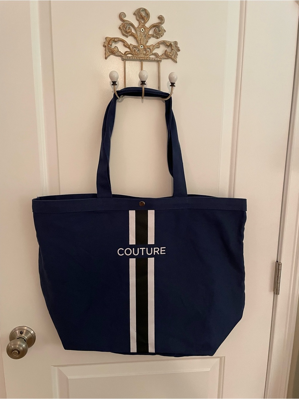 Couture Navy Canvas Tote Bag with Stripe Detail